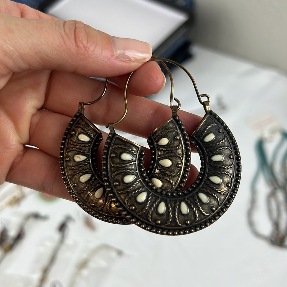 Boho Earrings Metallic Antique Bronze Cream Stones Metal Hoops